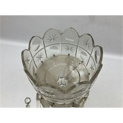 Victorian cut clear glass lustre, decorated with stars, with hollow stem, shaped rim and pendant lustre drops, raised upon circular domed base, H33cm
