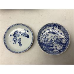 19th Century Imari pattern Japanese blood letting bowl, together with 19th century chinese blue and white square dish with decorated with blossoming flowers, together with thee blue and white saucers 