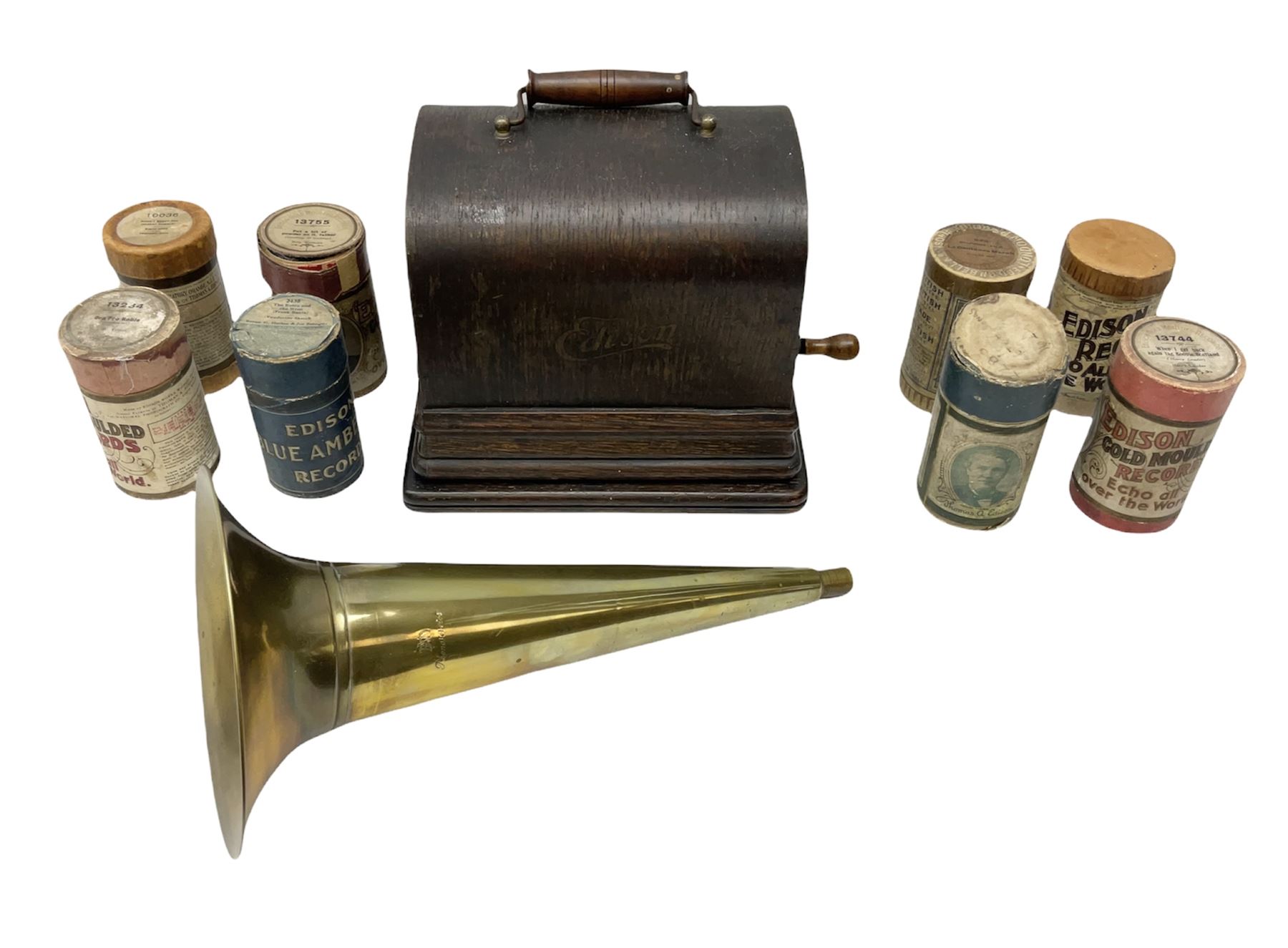 Edison Gem wind up phonograph, serial number 255655, with horn and eight cylinders, H21cm