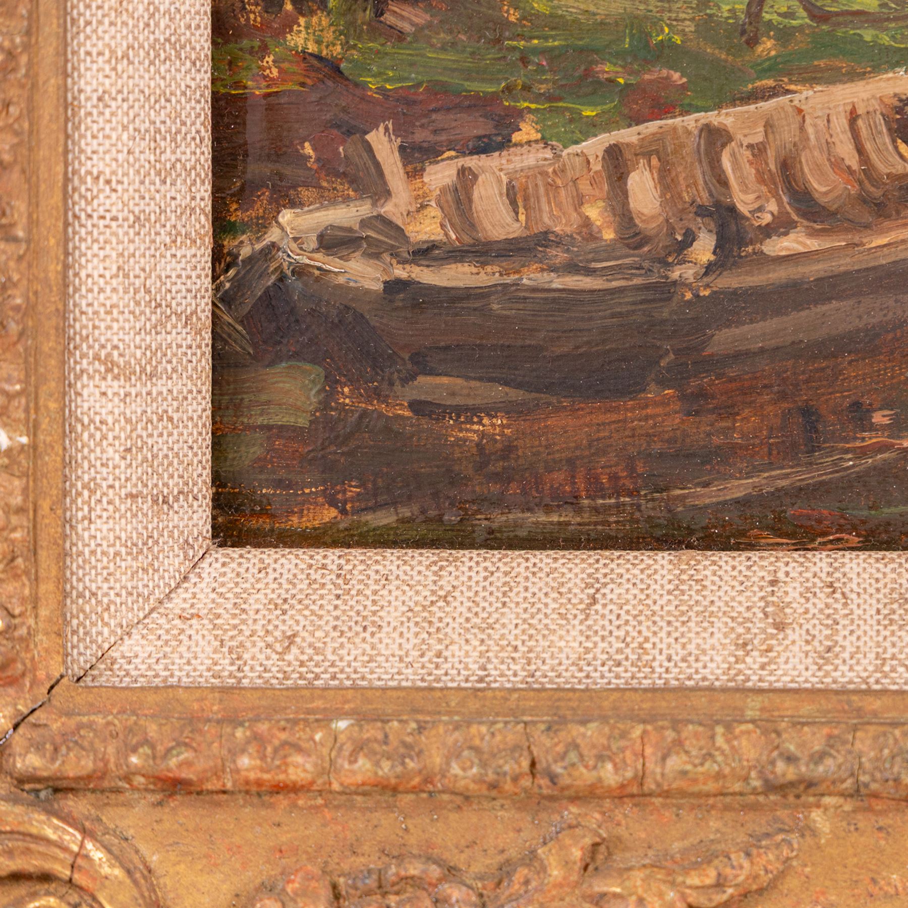 Owen Bowen (Staithes Group 1873-1967): Rowing on a Dutch Waterway, oil on canvas signed 26cm x 36cm