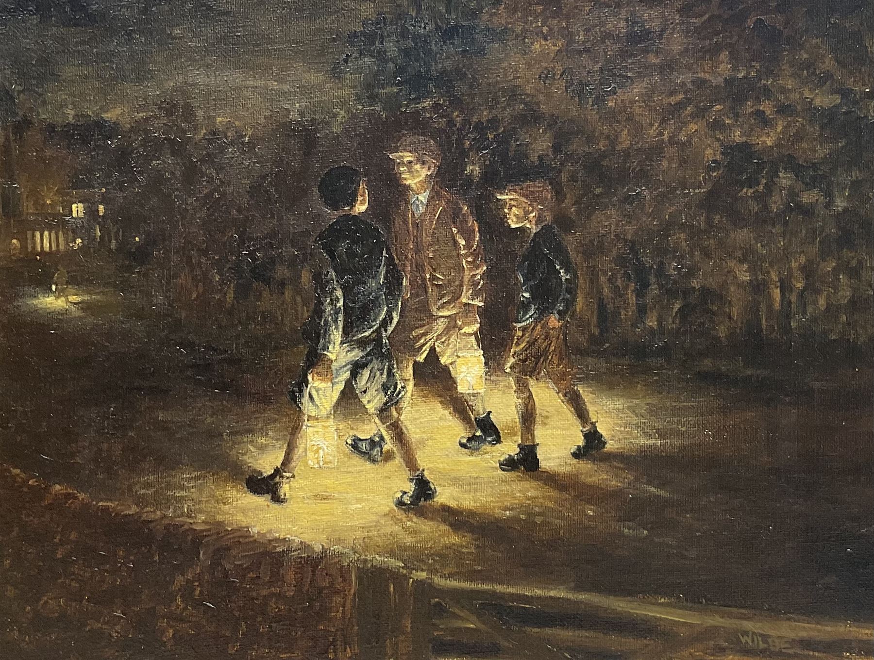 Fred Wilde (Northern British 1910-1986): 'Going to Choir Practice', oil on canvas signed, titled verso 38cm x 49cm 