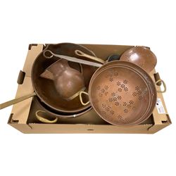 Collection of copperware, including twin handled jam pan, colander, jug, pan etc 