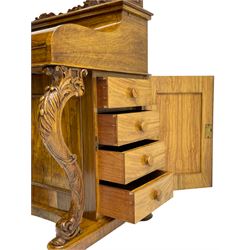 Fine and unusual 19th century olivewood piano top davenport, raised shaped back carved with olive branches and olives, the top hinges to reveal lidded and correspondence compartments, the piano lid enclosing sliding top with hinged and adjustable writing surface with leather inset, right-hand panelled door enclosing four drawers, olive branch and scroll carved cabriole front supports on moulded and shaped platform, turned cup feet with recessed castors 