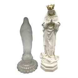 Two Virgin Mary figures, to include a glass example and a white composite example with gilded detail, both depicting Mary stood upon a serpent, tallest H43cm