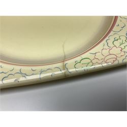 Clarice Cliff Biarritz part dinner set, circa 1930, for Royal Staffordshire, of rectangular form, decorated with bluebells, to include one serving plate, six dinner plates, three side plates, etc, printed mark beneath with reg no 784849 (17)