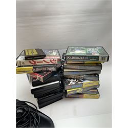 Eighteen Sega Mega Drive games, including Sonic The Hedgehog, Sonic The Hedgehog 2, Alienstorm, Desert Strike, Fatal Rewind, Road Rash etc, all boxed, together with a Sega Mega Drive controller, cartridge converter and an arcade power stick controller