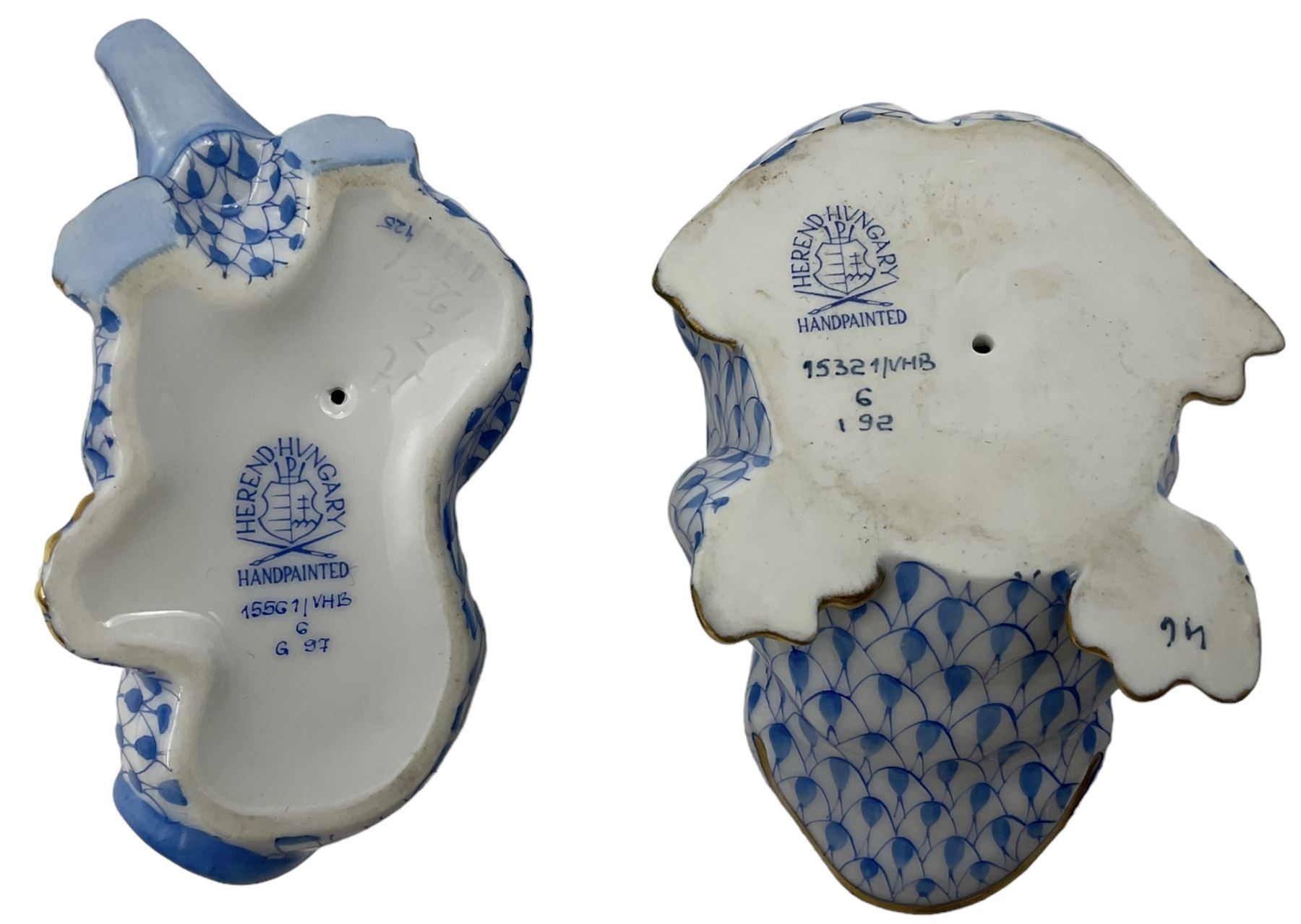 Two Herend fishnet blue figures, comprising toad and resting elephant, H5cm