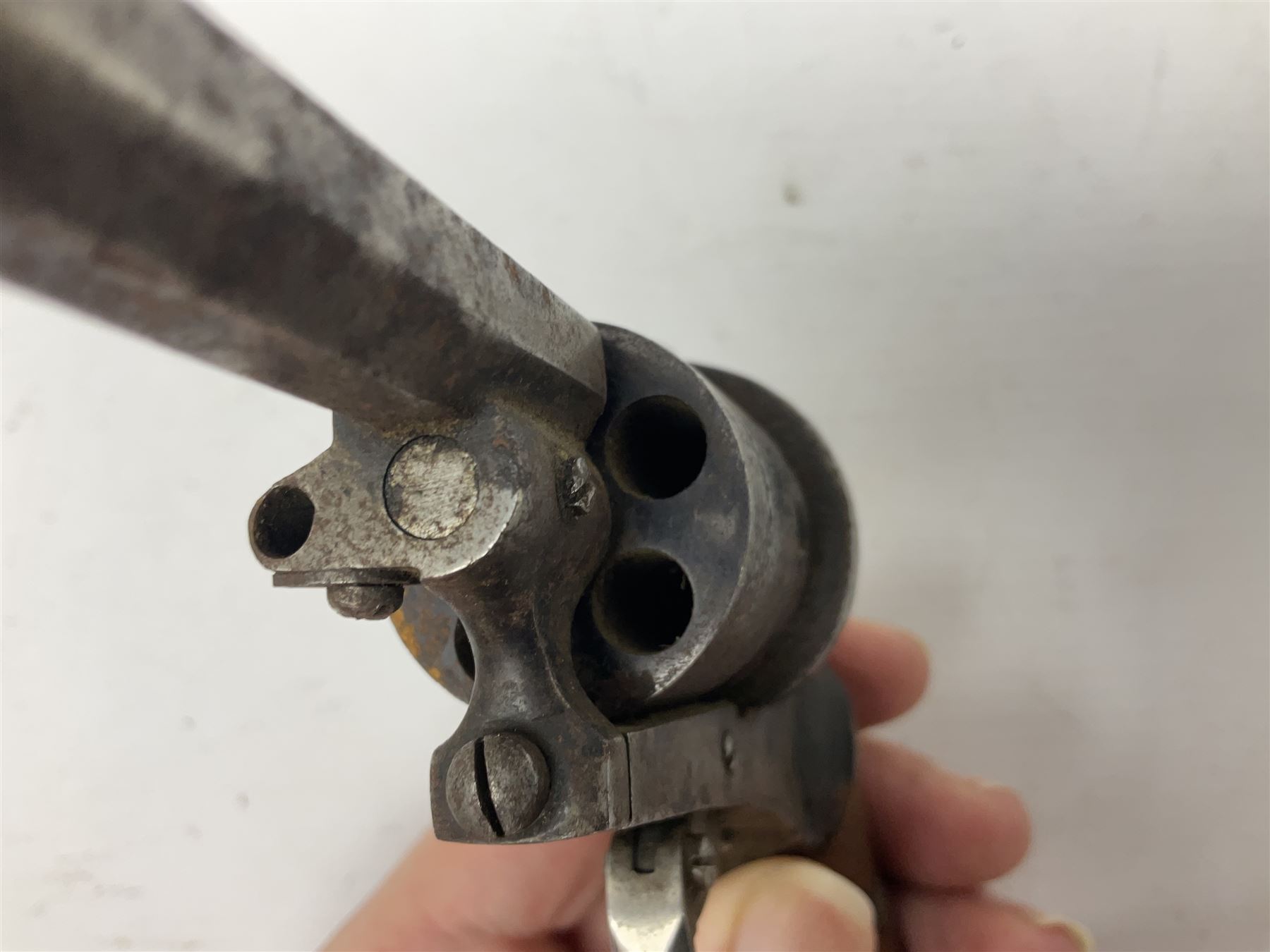 19th century 7mm five-shot pin-fire revolver, the cylinder marked 'The Savety (sic) American Revolver 1879', with folding trigger and two-piece walnut grip L18cm