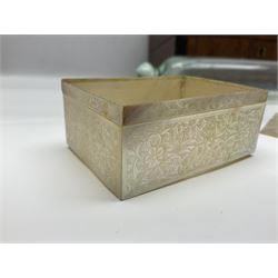 Victorian glass rolling pin, black basalt teapot, mother of pearl box with foliate engraving and sliding lid, and a wooden writing slope, with purple velvet interior, writing slope H14cm