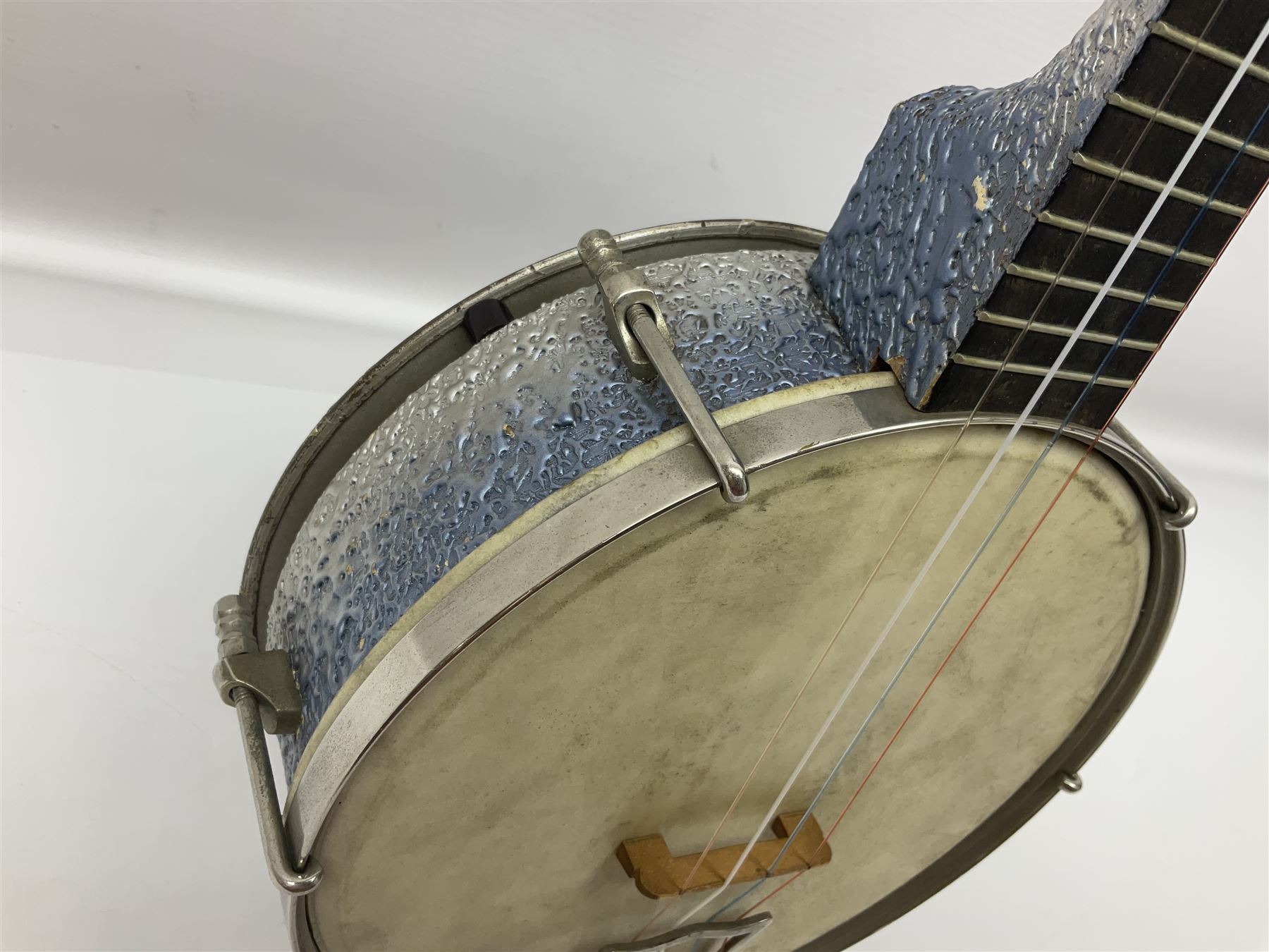 John Grey & Sons banjolele with unusual all over mottled blue and silver textured finish L57cm; in carrying case