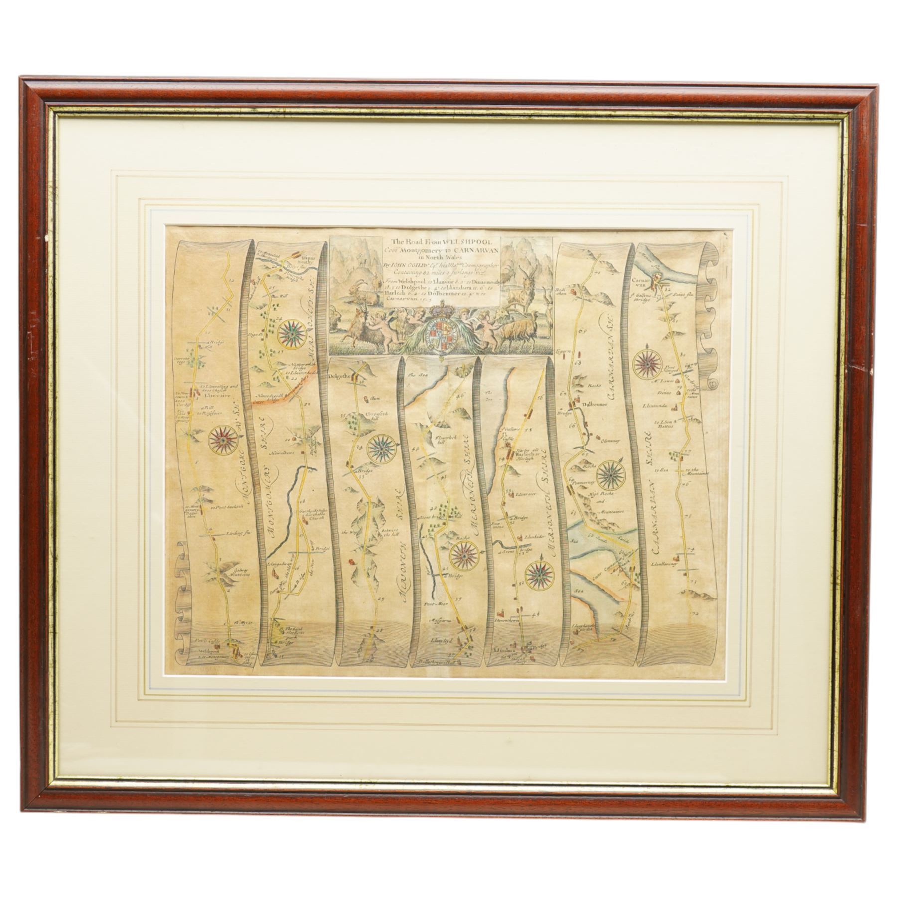 John Ogilby (British 1600-1676): 'The Road from Welshpool Com Montgomery to Carnarvan in North Wales', late 17th century engraved strip map with hand-colouring pub. c.1675, 35cm x 45cm; Emanuel Bowen (British 1694-1767) and John Owen (British 18th century): Lincoln to Kingston-Upon-Hull and Royston to Huntingdon, pair early 18th century engraved road strip maps with hand-colouring including the Arms of Kingston-Upon-Hull and Huntingdon, pub. Britannia Depicta; or, Ogilby Improv’d c.1720, 18cm x 12cm (3)
