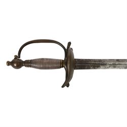 British Georgian Officers Sword, with 83cm double edged fullered blade engraved with with motifs and Osborn along with Warranted, with brass heart shaped guard and faux wire bound grip, with scabbard with twin suspension rings, overall length 100cm