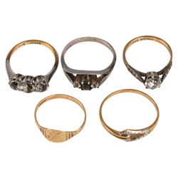 Two 9ct gold rings, both hallmarked, two 9ct gold and silver rings and a costume ring