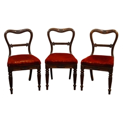  Set of three Gillows William IV rosewood balloon back dining chairs, kidney shaped lotus carved cresting rail and beaded splat, later upholstered seats, on lobed tapering supports. See plate 205, p.221 Gillows of Lancaster by Susan E. Stuart, W47cm (3)  