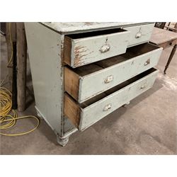 19th century pale blue painted pine housekeepers cupboard, double panelled cupboard enclosing two shelves over two short and three long drawers, on turned feet - THIS LOT IS TO BE COLLECTED BY APPOINTMENT FROM THE OLD BUFFER DEPOT, MELBOURNE PLACE, SOWERBY, THIRSK, YO7 1QY