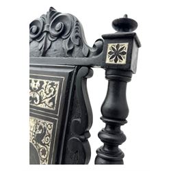 19th century Italian ebonised side chair, the backrest inlaid with bone and decorated with a painted figure in Renaissance dress within an arched reserve, flanked by turned supports and scrolled cresting, the seat and frieze similarly inlaid, raised on turned legs with shaped stretchers