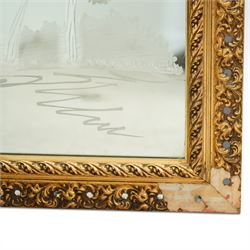 20th century giltwood and gesso wall mirror, rectangular form with pierced foliate and scroll moulded frame, rope twist inner moulding, enclosing an engraved mirror plate decorated with a horse drawn carriage and stylised trees