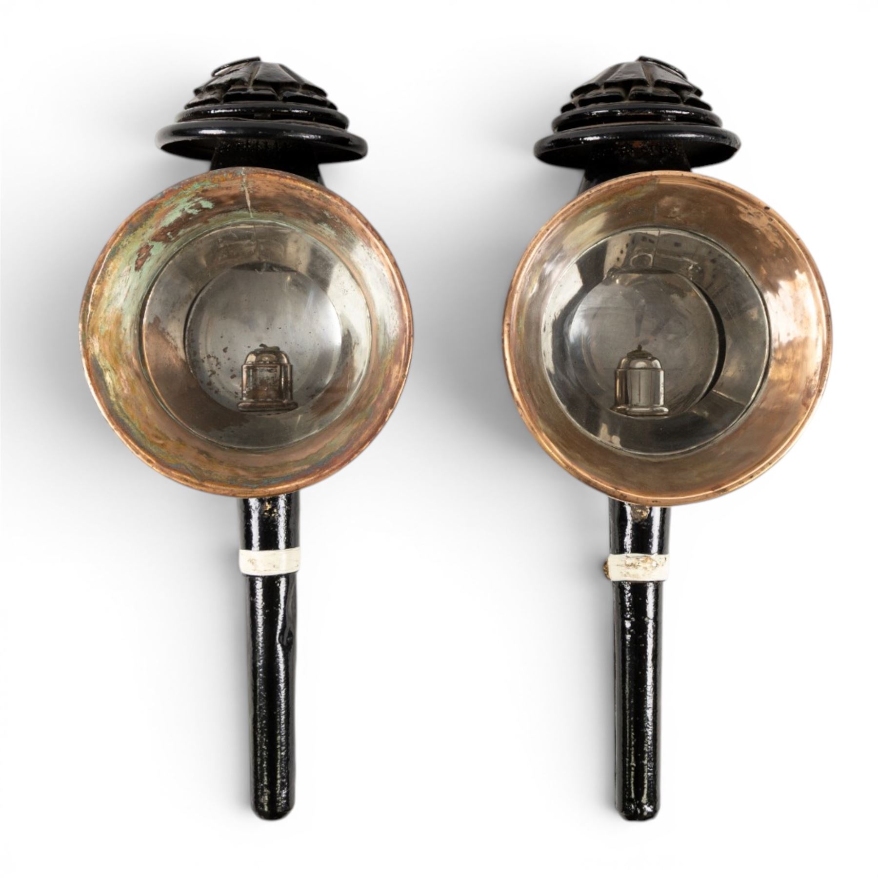 Shanks (London) - good pair of silver plated and toleware carriage lamps, gilded circular housing, bevelled side glass, maker engraved to candle mount