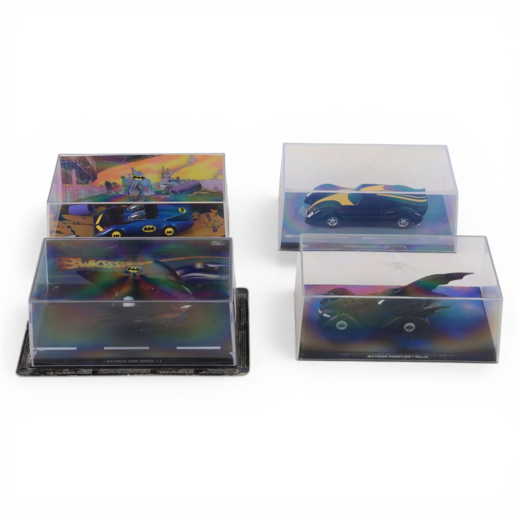 Collection of Eaglemoss Batman vehicles, in acrylic display cases