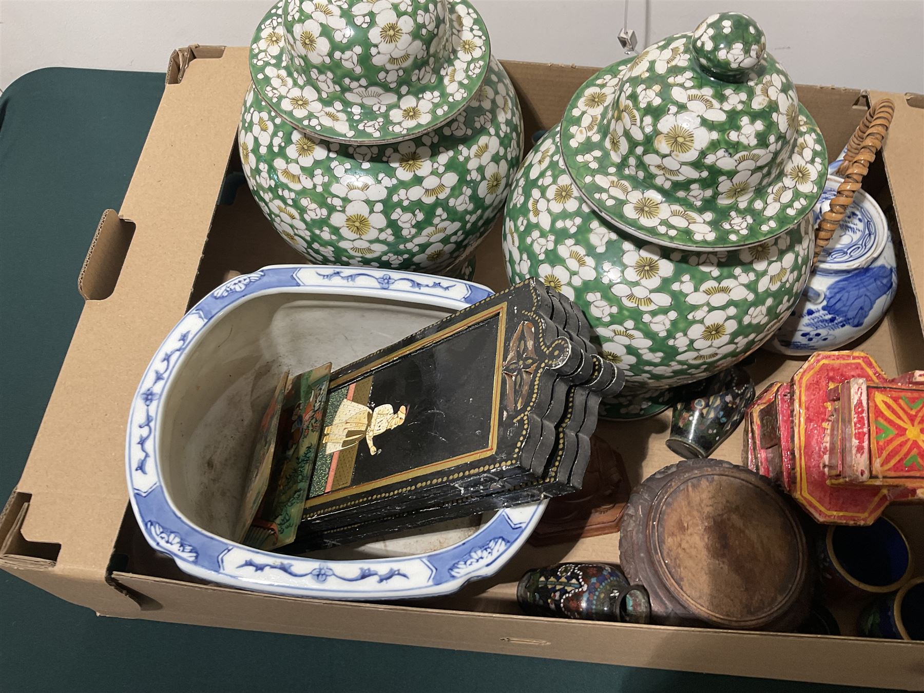 Collection of Asian items, including a pair of Prunus vases, a  blue and white teapot, lacquered screen with Mughal paintings etc