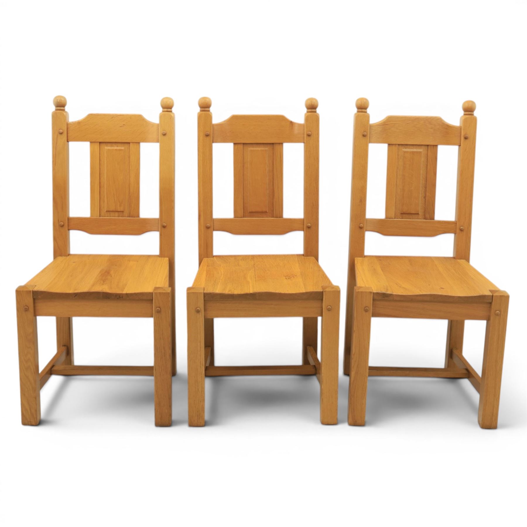 Contemporary solid oak dining table, and set of eight chairs, rectangular plank top with chamfered edges, raised on square supports