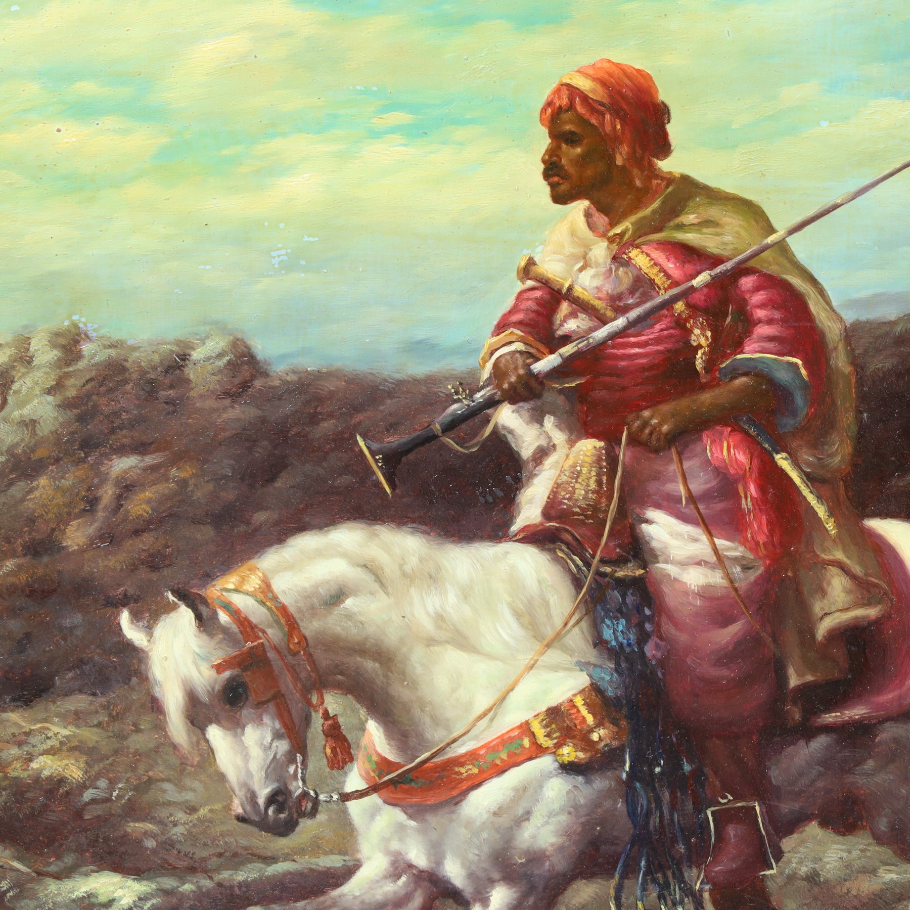 After Jean-Léon Gérôme (French 1824-1904): The Saddle Bazaar - Cairo, oil on panel indistinctly signed 30.5cm x 40.5cm; F Piranesi after Oriental School (19th century): Arabian Warrior on Horseback, oil on panel signed 40.5cm x 30.5cm (2) (unframed)