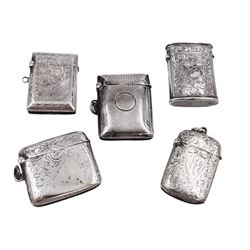 Five Victorian and later silver vesta cases, including Edwardian example with engraved sunburst decoration, hallmarked Abrahall & Bint, Birmingham 1905, and an early 20th century example with engraved foliate decoration and pull-out match compartment, hallmarked Sydney & Co, Birmingham 1910