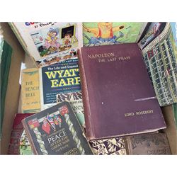 Quantity of books to include ‘Napoleon The Last Phase’ by Lord Roseberry, ‘Noddy Goes to School by Enid Blyton’, etc, quantity of cigarette cards, embroidered Coronation cushion, Commemorative framed print etc