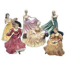 Six Royal Doulton figures, comprising Romance HN2430, Sarah HN3978, Rachel HN3976, Patricia HN3365, Elizabeth HN4426 and Reverie HN2306, all with printed mark beneath  