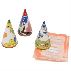 Three Clarice Cliff by Wedgwood sugar shakers, in Autumn, Blue Firs and Cornwall pattern 