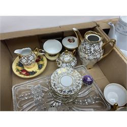 Bavaria gilt coffee service, Royal Doulton figure Home Again, Coalport figure Royal Invitation, Swarovski Crystal paperweight and mice, cut glass dressing table set and a collection of other ceramics, glassware and collectables, in three boxes 