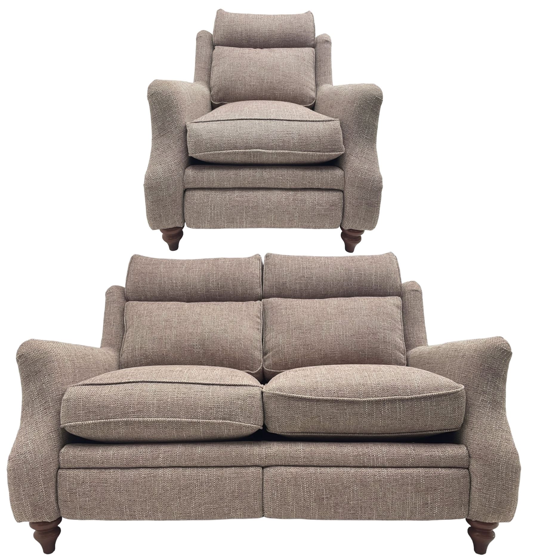 Parker knoll -  'Newbury' two-seat sofa (W148xm, H103cm, D100cm); and matching armchair with electric rising footrest (W85cm); upholstered in lavender fabric 