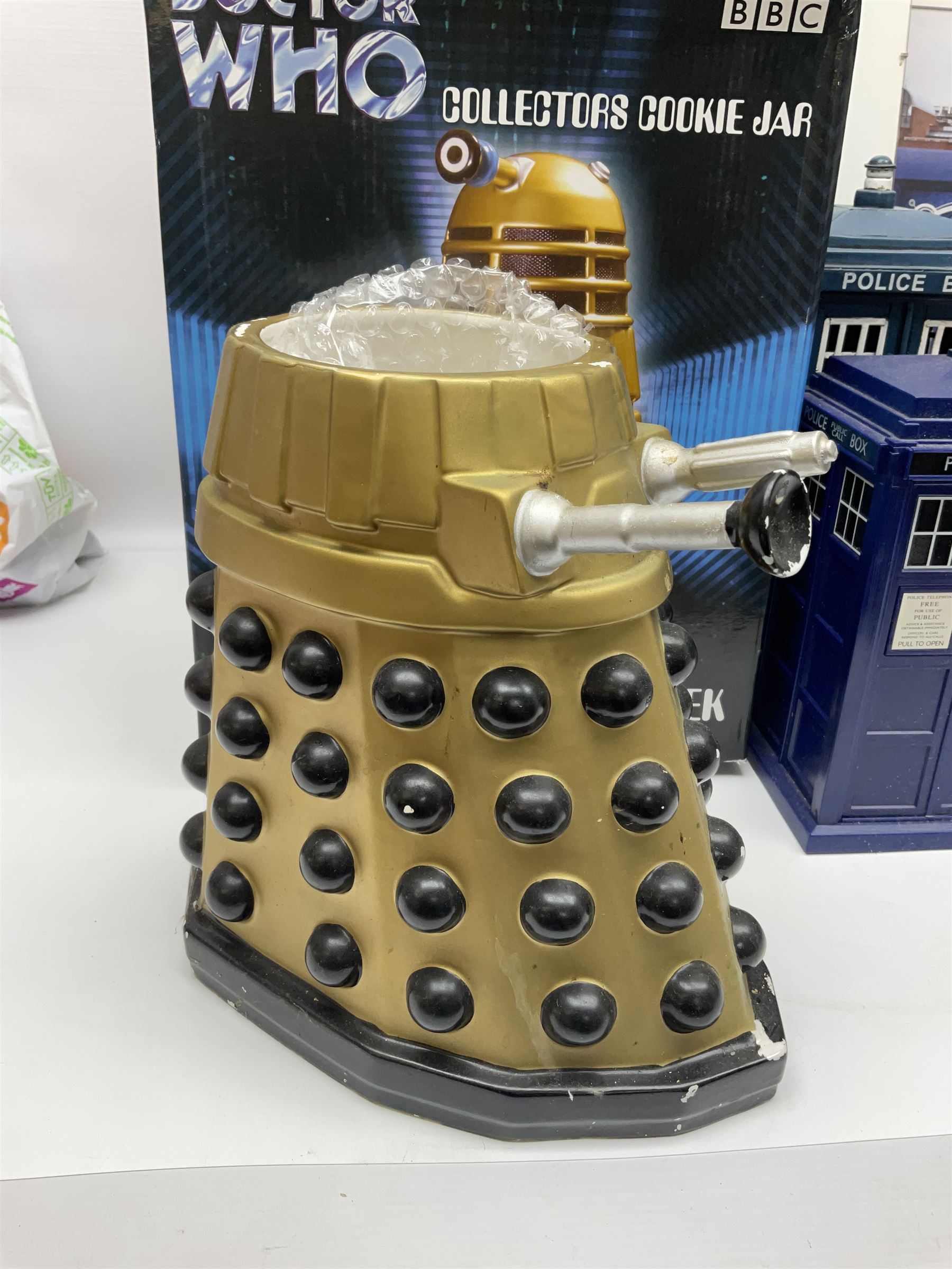 Doctor Who collectables to include ‘British Icon Dalek’ limited 50th anniversary edition in original box, collectors cookie jar, Dalek and Tardis related figures, sonic screwdrivers, small quantity of stamps, framed prints, books etc 