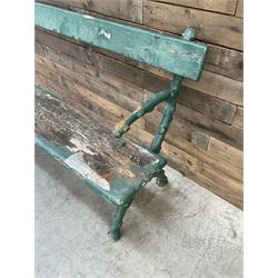 Early 20th century cast iron framed faux bois garden bench, timber seat and back rest
