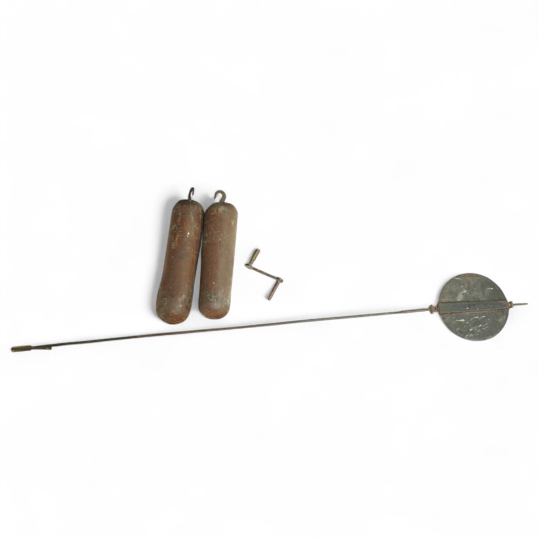 Mid 19th century- 8-day oak and mahogany longcase clock, with a carved swan necked pediment and crossbanding, break-arch hood door flanked by reeded pilasters, broad trunk with matching pilasters to the sides, short triple spire door with inlay and a and raised panel beneath, plinth with a conforming inlaid panel to the front, raised on backet feet, painted dial with floral spandrels and a rolling moon to the arch, broad Roman numerals, seconds dial, date aperture and stamped brass hands, dial pinned to a rack striking weight driven movement striking the hours on a bell. With weights and pendulum.