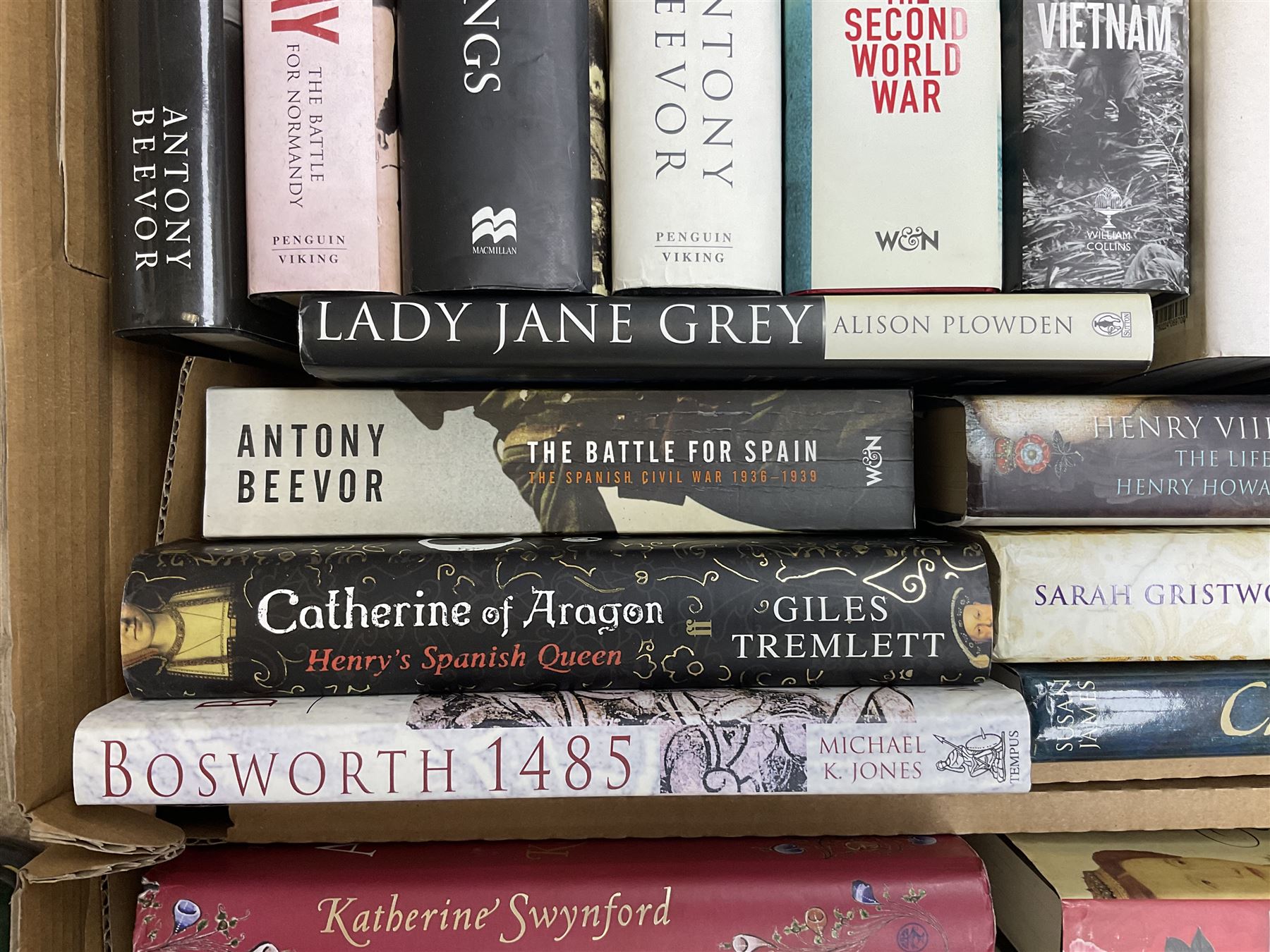 Collection of various history books to include world wars, tudors, vikings, anglo saxons and a number of political books, three boxes  