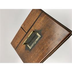 19th century mahogany travelling apothecary cabinet, with recessed brass carry handle to top, and two deep-section hinged doors to the front opening to reveal a fitted interior with clear glass bottles and two drawers, H27cm