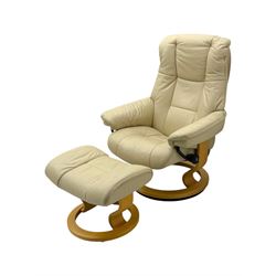 Stressless - armchair and footstool upholstered in beige leather, recliner with swivel base 