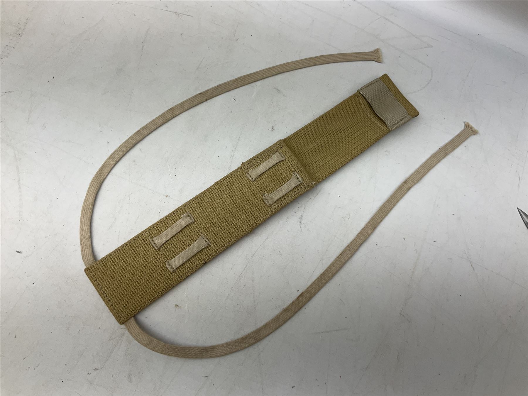 Gulf War period commando knife with 17cm double-edged steel blade etched with the crest and motto 'By Strength and Guile', blackened cross-piece and grip; in webbing scabbard L31cm overall