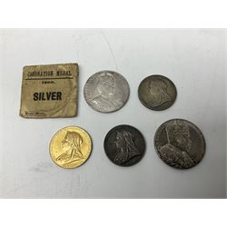 Commemorative medallions or medals including three Queen Victoria Diamond Jubilee small silver medallions, two King Edward VII 1902 Coronation medallions and a Queen Elizabeth II 1953 Coronation medal in red box