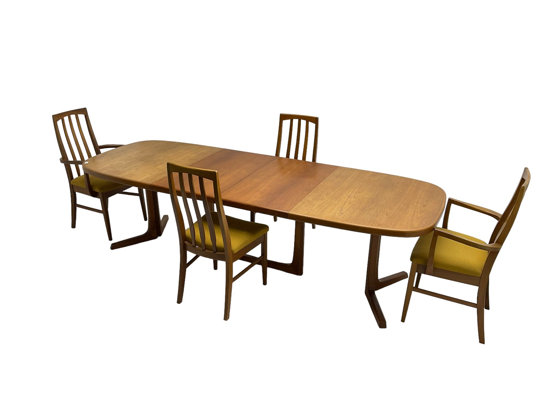 Oluf Theodore Larsen for NMB - mid-20th century teak extending dining table with two additional leaves, on splayed supports (261cm x 95cm x 73cm), and set four (2+2) mid-20th century teak dining chairs with high vertical slatted back on tapered supports (54cm x 51cm x 99cm)