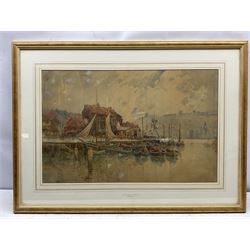 R Wellesley Webster (British exh.1887-1903): Dock End Whitby, watercolour signed and dated '99, 47cm x 73cm 
Notes: Webster is listed as living in Manchester 1887 and 1895, Anstruther 1894, and Southport 1899. He exhibited at the Manchester City Art Gallery 16 times, the Royal Academy 10 times, and once at the Royal Scottish Academy.