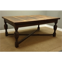  Large early 20th century oak drawer leaf dining table, on four carved baluster supports connected by x-shaped stretchers, H76cm, 122cm x 183cm - 275cm (extended)  