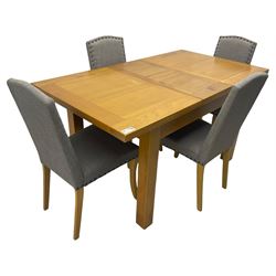 Light oak dining table (H78c, D85cm x L120cm - L155cm); together with a set of four high-back dining chairs upholstered in grey 