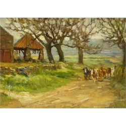  James William Booth (Staithes Group 1867-1953): Milking Time Town End Farm Nr. Ellerby Whitby, oil on board signed 21cm x 29cm  DDS - Artist's resale rights may apply to this lot    