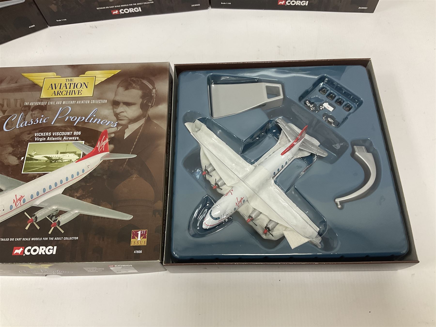 Corgi - Aviation Archive, eleven ‘Classic Propliners’ 1:144 scale models comprising Vickers Viscount models; 47601 700 Series British European Airways; 47602 Parcelforce; 47603 Continental Airlines; 47604 800 Series Lufthansa; 47605 700 Series British Eagle no.391/2900; 47606 806 Virgin Atlantic Airways; 47607 802 British European Airways; 47608 806 British Airways no.985/3000; 47609 836 British Midland Airways no.1530/2500; AA30501 800 Aer Lingus no.651/2100; AA30503 800 British Air Ferries no. 1131/2100; all boxed (11) 