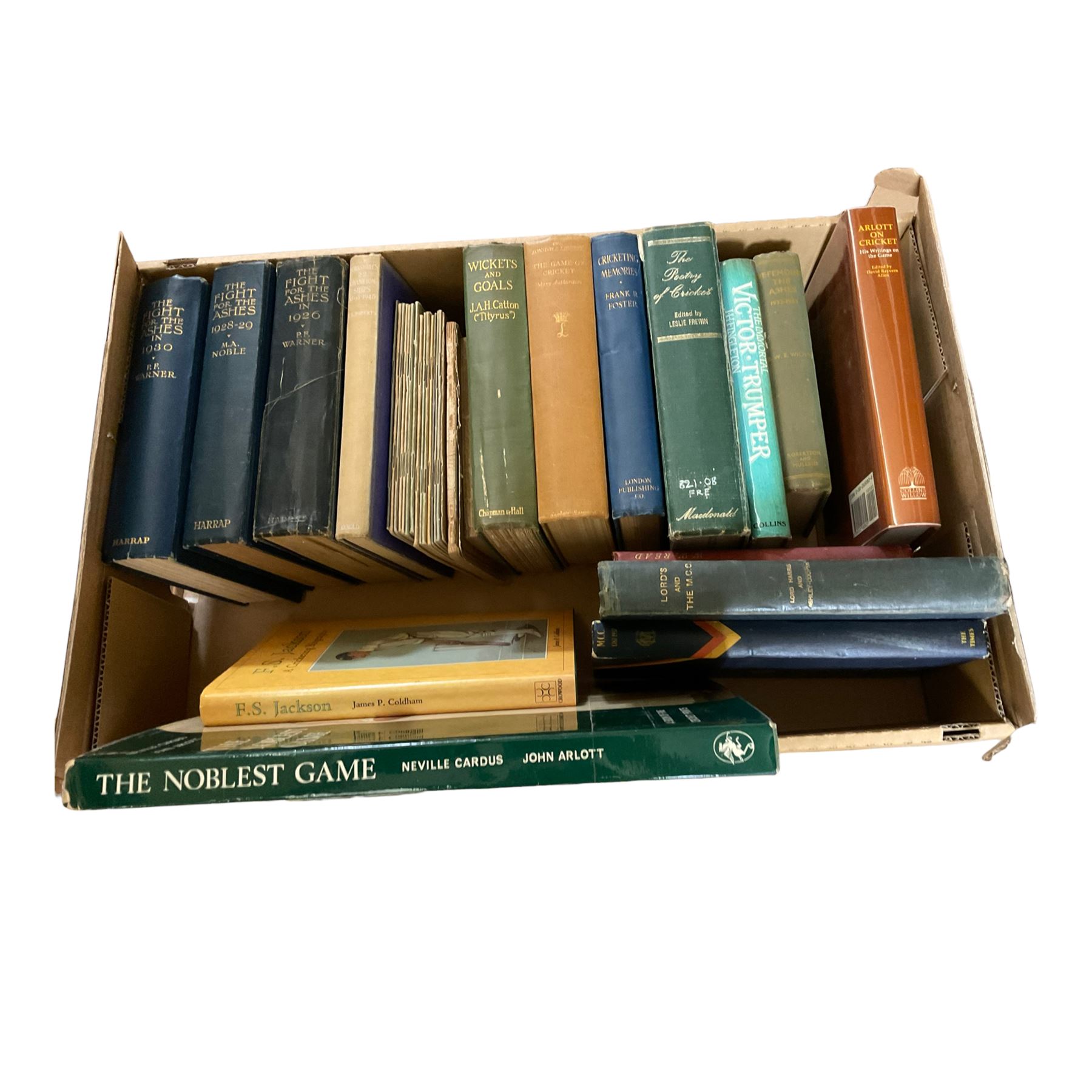 Collection of cricket related books, including The Fight for the Ashes, in three volumes, Wickets and Goals, The Poetry of Cricket etc 