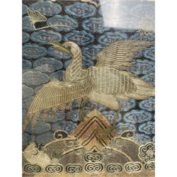Early 20th century Chinese silk work tapestry, depicting a crane flying over a river, H30cm 