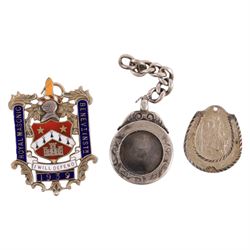 Five silver fobs/brooches, including enamel Royal Masonic example