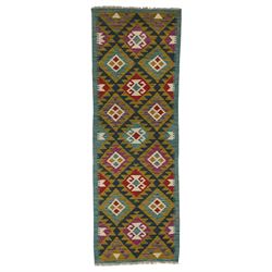 Kilim handwoven flat weave runner, central field features a large bold nested diamond moti...